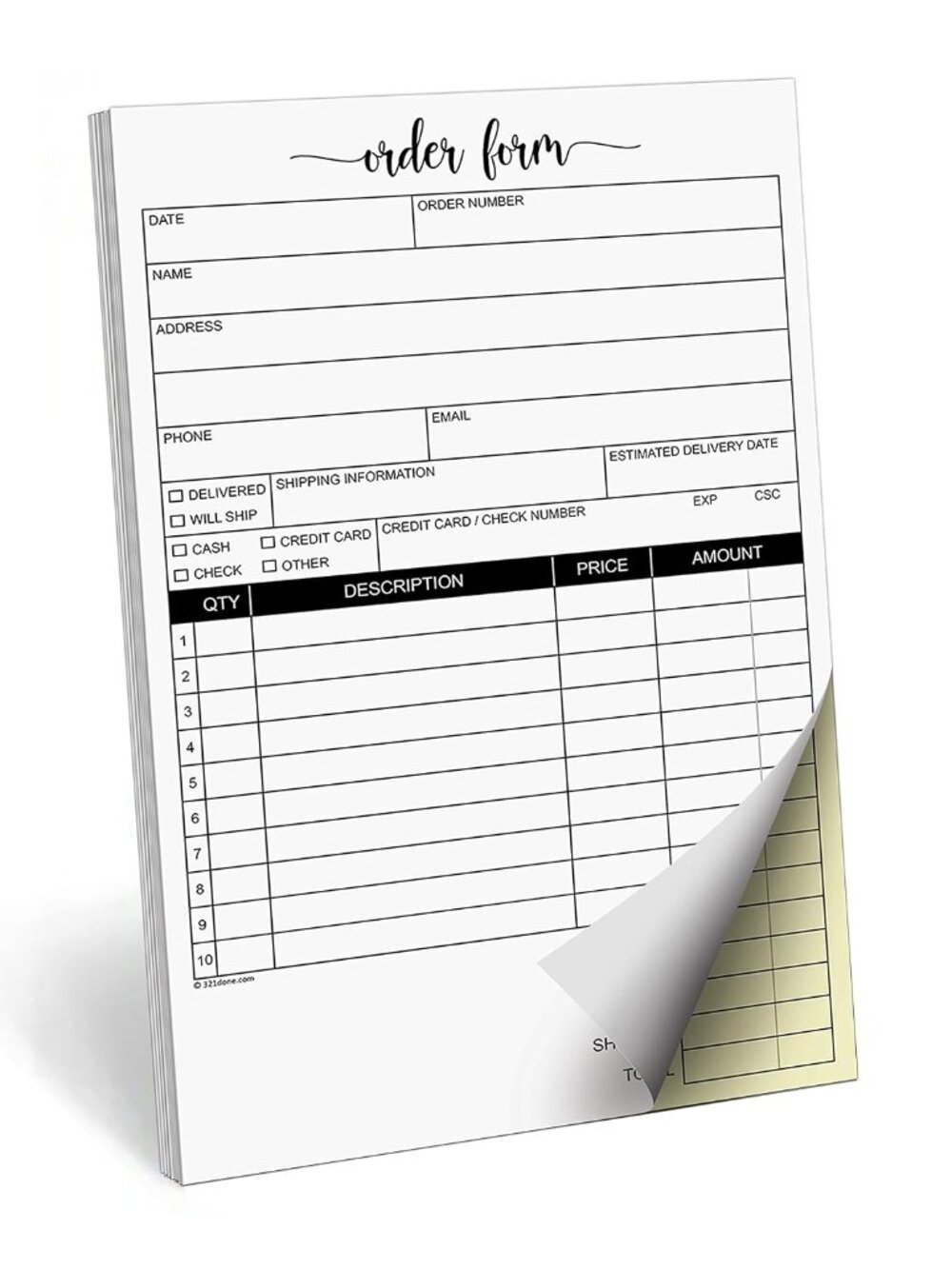321Done Order Form Pad with Carbon Copies, 2-Part, 5.5x8.5 Inches, 50 Sets
